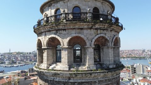 360 Degree Galata Tower, One Of The Ancient Symbols in Istanbul. Bosphorus and Istanbul skyline 
4k Drone Footage Istanbul .