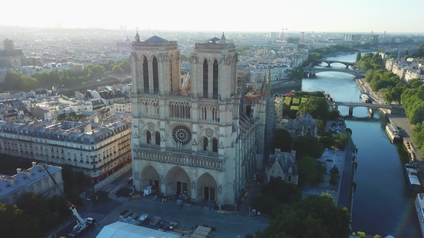 France, Paris. Aerial drone view to the Notre-Dame de Paris after the roof caught tragic fire. Renovation work. French Gothic architecture
