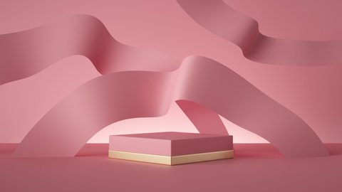 abstract pink fashion background, silk ribbons waving endlessly above empty pedestal looped animation, square box blank mockup. Modern minimal motion design. Commercial product display stand, showcase