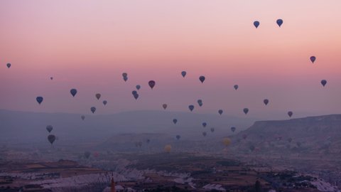 Timelapse of hot air balloons flights in Cappadocia. 4K Footage in Turkey.
