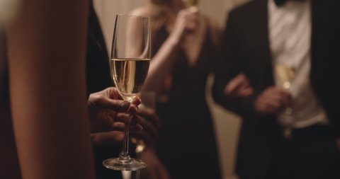 Multi-ethnic friends drinking wine at a party. Group of men and women raise their glasses for a toast at new years party.
 Video de stock
