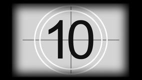 Monochrome universal countdown film leader. Countdown clock from 10 to 0. Design element of old cinema
