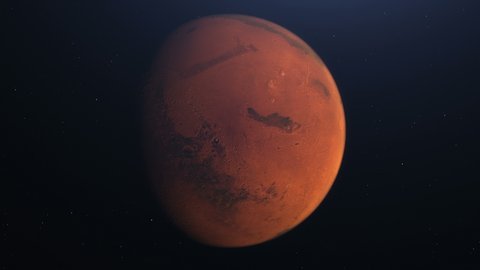 Martian Orbit. Mars in space with illuminated craters and Martian mountains. Elements of this image furnished by NASA
