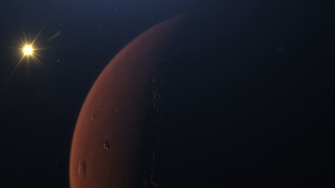Martian Orbit. Mars in space with illuminated craters and Martian mountains. Elements of this image furnished by NASA
