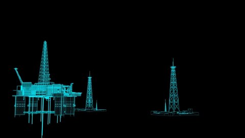 Group of land and offshore Oil Rigs in wireframe Display