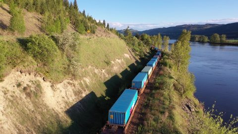 Aerial view fo cargo train in forest