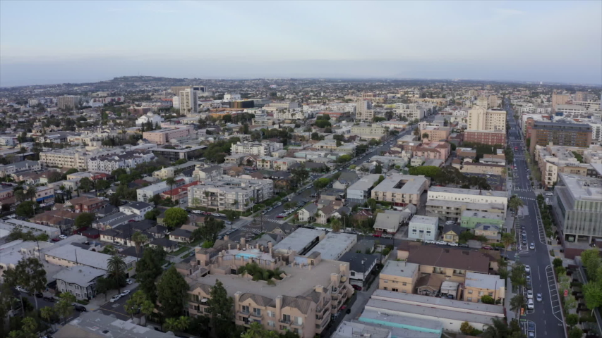 Sunset aerial view of the Downtown Long Beach, California skyline.
