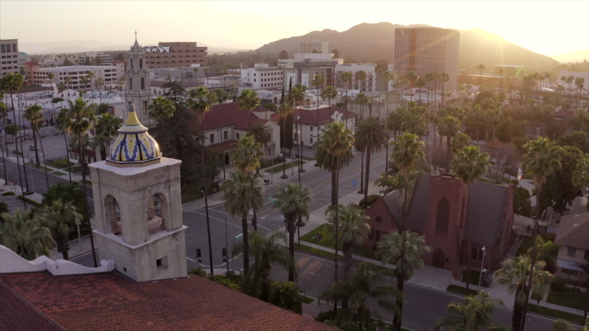 Sunset aerial view of the historic city center of Riverside, California.