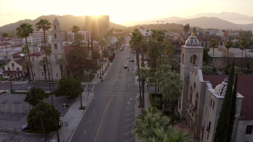 Sunset aerial view of the historic city center of Riverside, California.