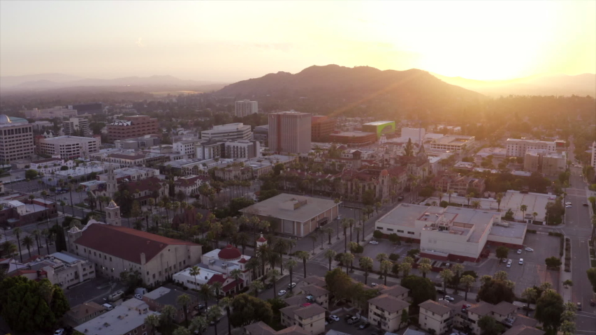 Sunset aerial view of the historic city center of Riverside, California.