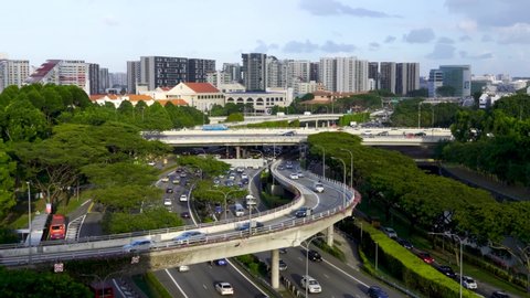 Singapore / Singapore - 02 19 2020: Singapore, Singapore - February 19, 2020: Flowing traffic along an expressway , highway, in Toa Payoh