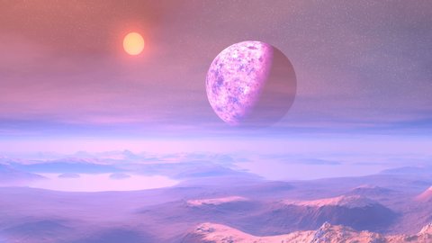 Colorful Sunset on an Alien Planet. Mountains, hills and lowlands are covered in fog. On a dark starry sky huge planet. The bright sun sets, painting the landscape from lilac to yellow.

