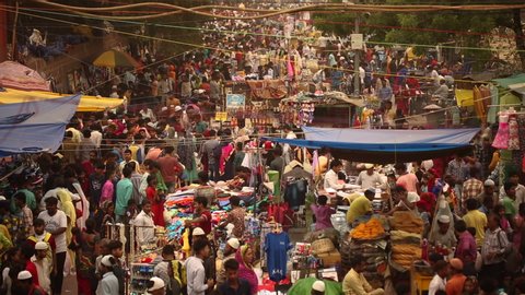 Delhi,India - 07/16/2018:Top shot of crowded old delhi market.