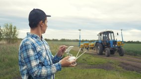 smart farming tech agriculture farming. man farmer engineer studies a wheat crop in a green field using a technology controls a tractor with agricultural machinery. male red worker neck works in a - Powered by Shutterstock - Get 15% off with code: PIKWIZARD15