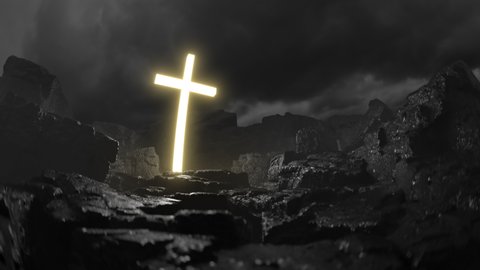 Abstract animation of the cross of Jesus illuminating a dark scene.