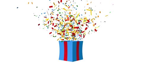 Blue gift box with red ribbon and colorful confetti. 3d render