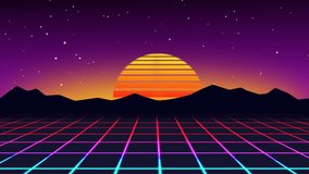 80s retro futuristic background, video illustration of the future of the sun and mountains in a retro style.