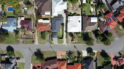 Aerial landscape view from a drone of houses in a quite suburban neighborhood in Perth western Australia.
