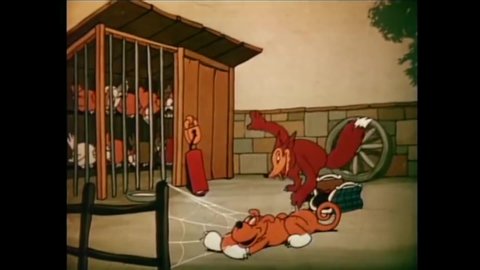 CIRCA 1935 - In this animated film, a fox uses dynamite to open a chicken coop on a farm whose guard dog is sound asleep.