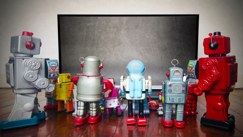 robots watch a message WORK FROM HOME	