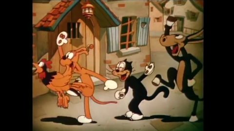 CIRCA 1935 - In this animated film, the animal Town Musicians of Bremen are hosed off by a villager who accidentally drops them a coin.