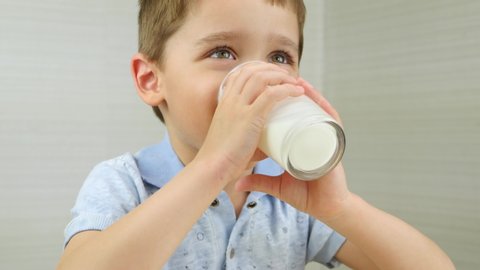 Portrait of a happy child. The boy drinks milk, experiencing pleasure, pleasure. Healthy, natural food.