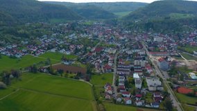 Aerial view of the city  Heubach in Germany on a sunny spring day during the coronavirus lockdown.