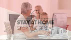 Animation of social distancing message under a black home over multi-generation Caucasian family. Coronavirus Covid 19 social distancing self isolation quarantine lockdown concept digital composition - Powered by Shutterstock - Get 15% off with code: PIKWIZARD15