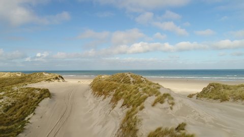 AERIAL WS Sandy track and coast / Terschelling, Friesland, Netherlands
