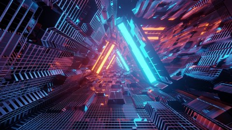 Computerized motion graphics of immersing into futuristic triangle shape colorful space tunnel. VFX background, VJ loops, animation.
