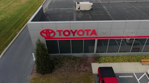 Lancaster , PA / United States - 12 27 2019: Aerial of Toyota car dealership, Japanese imported cars to US for sale and service