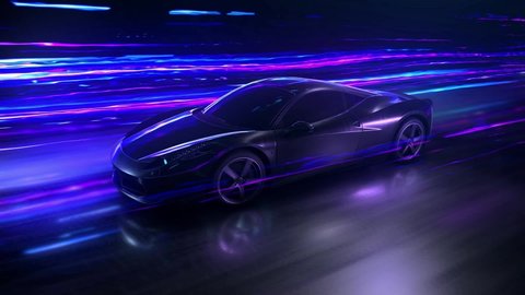 Super fast car going on the road with lights trails. hyperspeed auto and traffic concept action.
