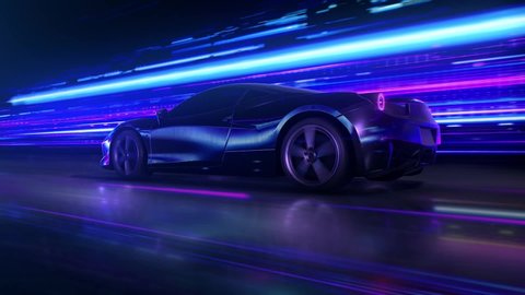 Super fast car going on the road with lights trails. hyperspeed auto and traffic concept action.