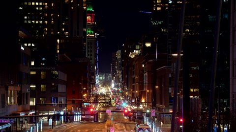 Denver , Colorado / United States - 12 31 2019: Time lapse of night time traffic in Denver downtown