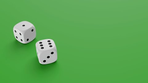 Two dices falling to green table. Gambling and casino concept. 3D rendering footage.