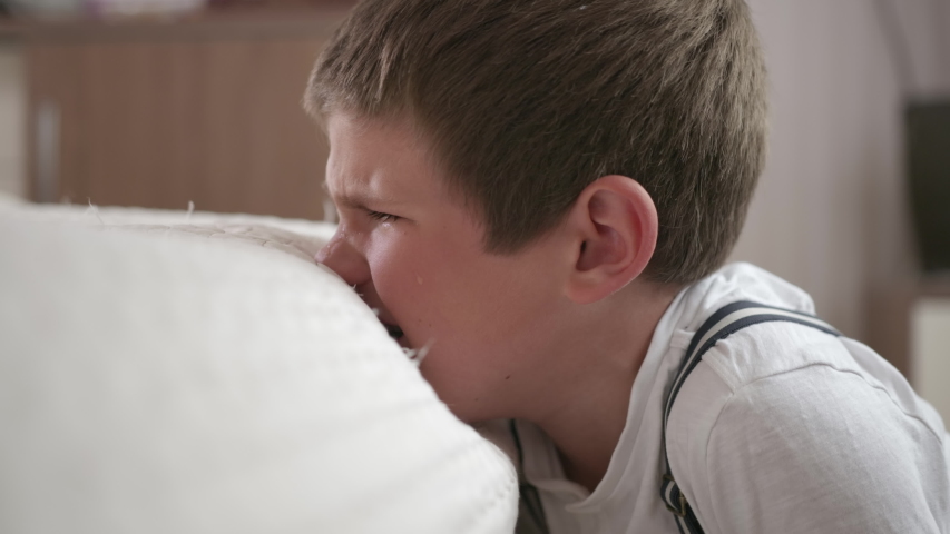 childrens stress, nervous crying boy suffers and suffers from nervous breakdown, disobedience and punishment, is hysterical in room and beats sofa with hands, poor relationship with parents Royalty-Free Stock Footage #1052841926