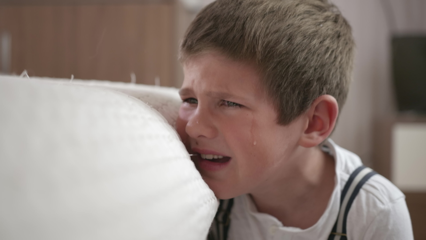 Childrens stress, nervous crying boy suffers and suffers from nervous breakdown, disobedience and punishment, is hysterical in room and beats sofa with hands, poor relationship with parents | Shutterstock HD Video #1052841926