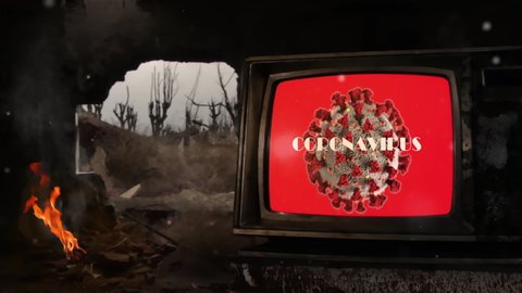 A Destroyed House and a Retro TV with Coronavirus on its Screen, Dystopic Video Concept of the Global Pandemic. 