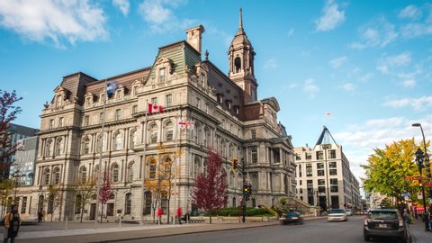 Montreal, Canada - October 15: Timelapse view of historical landmark Montreal City Hall during fall season in Montreal, Quebec, Canada. 