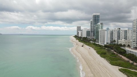 Flying past Miami Beach closed Coronavirus covid 19 no people quarantine 4k 60p