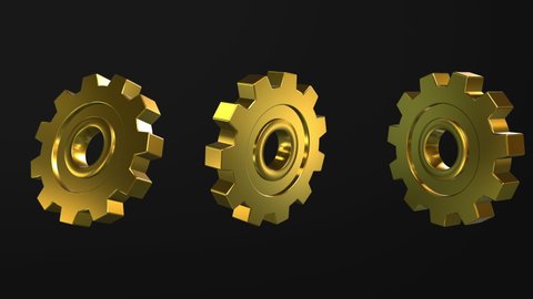Set Golden Gears Wall engine gears wheels slowly rotating Front View Seamless Rotation. Looped 3d Animation. Abstract Working Process. Teamwork Business with luma white and black key 3D rendering