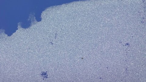 Time lapse of abstract view of frost on window surface. Blue crystal frost texture. Cold winter background. Nobody
