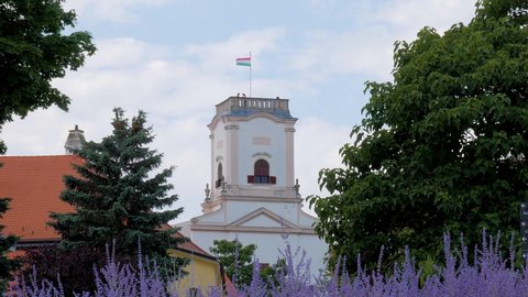 Tourists are above the Bishop-Lookout Tower (Püspökvár-Toronykilátó) on káptalandomb in Gyor Hungary