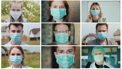 Multi-screen with portraits of people in protective masks, collage on the theme of the coronavirus pandemic