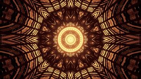 Computerized motion graphics of golden color shapes and patterns emitting from the center. VJ loops, fractal animation, kaleidoscope.