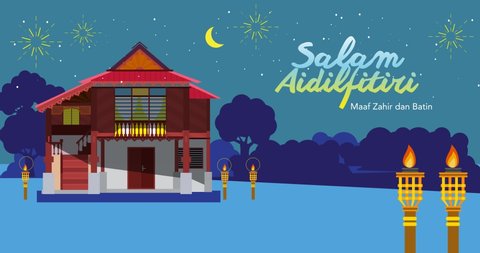 Salam  Aidilfitri, Maaf Zahir Batin (caption: Happy Eid, I seek forgiveness, physically and spiritually in Malaysian language). Village House with fireworks and lantern.