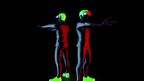 Twin dancer perform upper body robot, Hip-Hop Dancing in futuristic metallic neon costumes and VR 360 headset, 3D Rendering Animation.