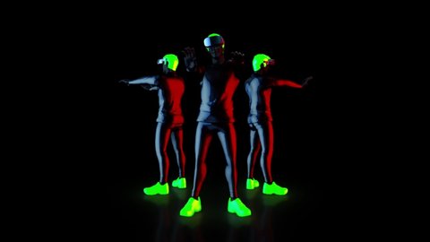 Male dance group performs upper body robot, Hip-Hop Dancing in futuristic metallic neon costumes and VR 360 headset, 3D Rendering Animation.