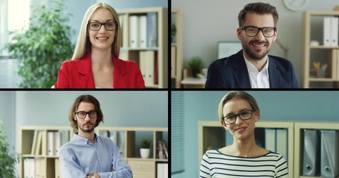 Close up portrait of diverse Caucasian office workers smiling in cabinet. Multiscreen on happy male and female employees at work. Front view of joyful young professionals in glasses. Collage concept