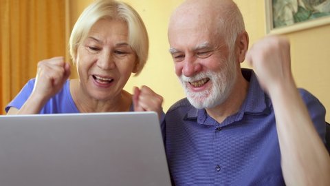Senior couple work from home. Wealthy retired family receive good news about successful online investment and increase in savings value. Concept of wealth growth and financial success after retirement